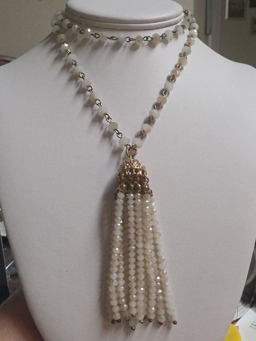 Vintage  Opaline White Crystal Beaded Tassel Statement Necklace